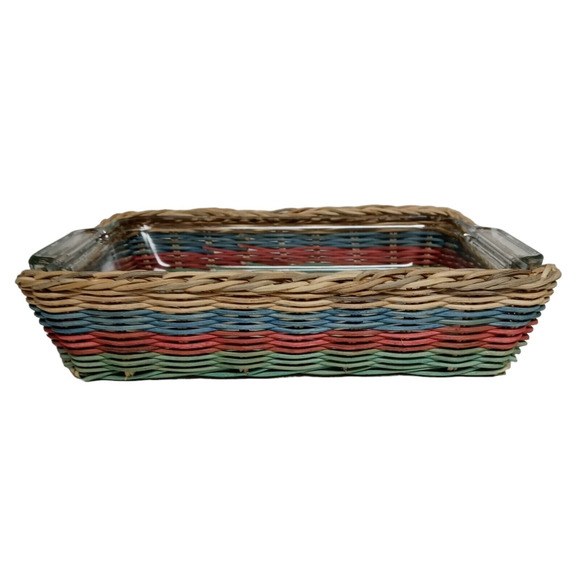 Rare Vintage Anchor Hocking Casserole Baking Dish with Rattan Basket Pastel - Picture 1 of 16